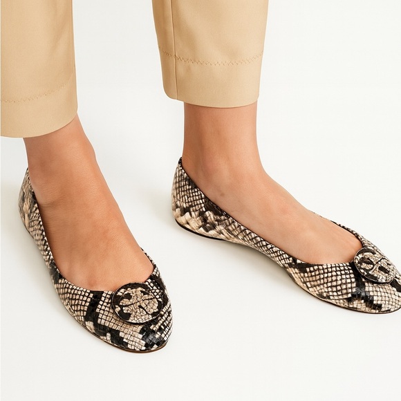 Tory Burch Minnie Snake Embossed Leather Ballet Flats Size 8 Roccia - Picture 1 of 13